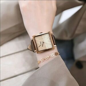 NEW! Golden Coffee Square Quartz Watch with Brown Leather Strap
